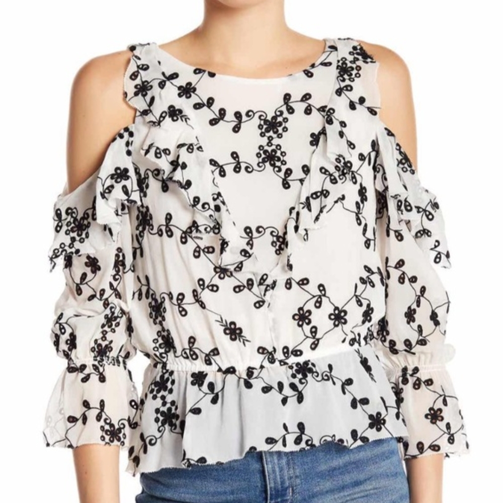 Joie White Cold-Shoulder Floral Ruffle Blouse